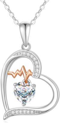 wholesale Sterling Silver Gemstone Love Heart Birthstone Necklace with Heartbeat Pendant for Women Gift for Mother Wife Girlfriend-04-Apr-Diamond