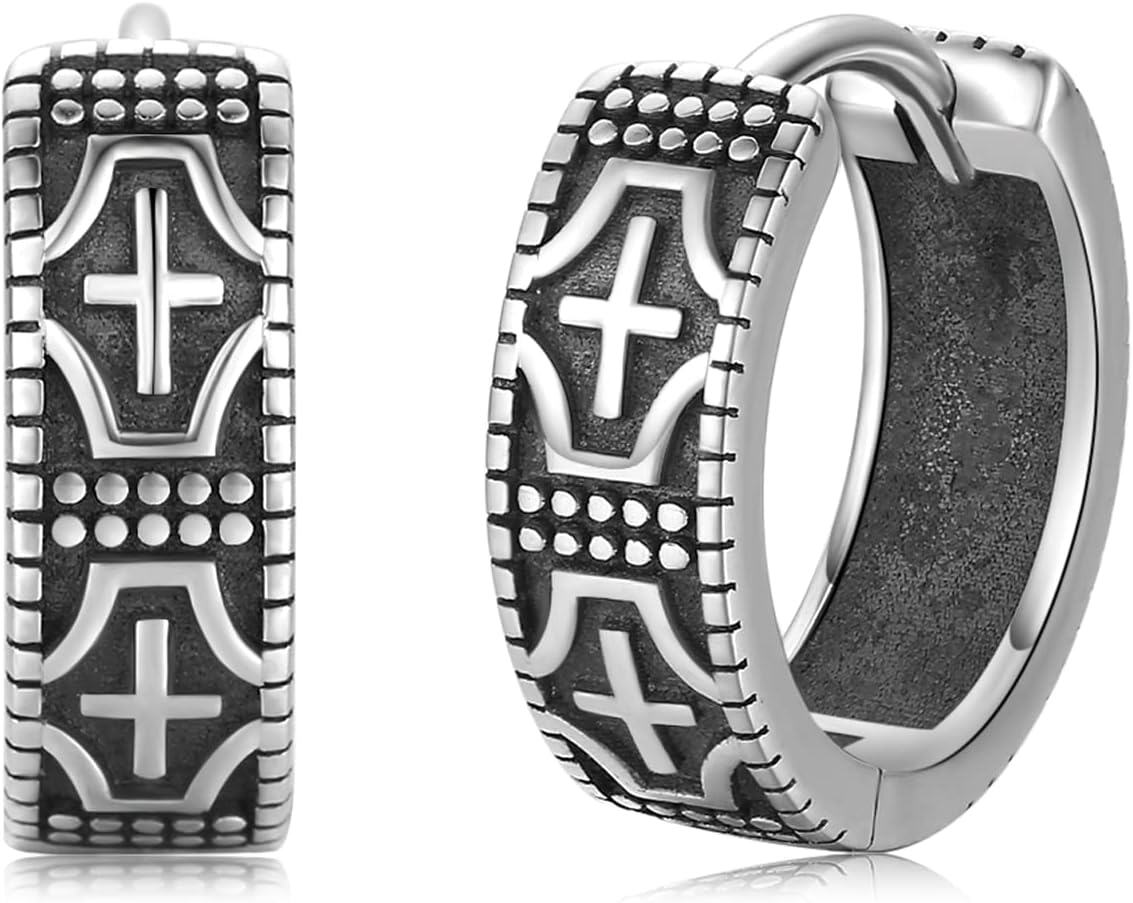  Sterling Silver Cross Viking Hoop Earrings for Men Father s Day Gift for Dad Husband -Cross Earrings 002