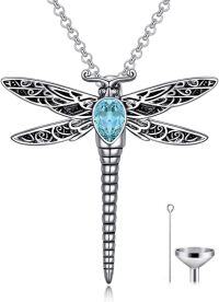 wholesale Sterling Silver Stone Dragonfly Urn Necklace for Ashes w Filling Tool-Crystal-Simulated Aquamarine