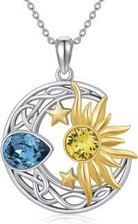 wholesale 925 Sterling Silver Celtic Moon and Sun Pendant with Blue Topaz & Yellow Crystal Necklaces for Women Girls s-Silver&Gold