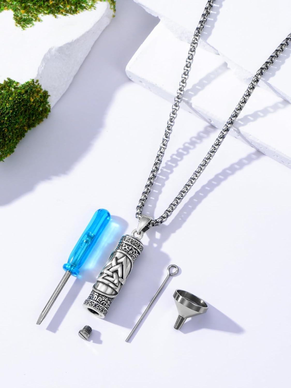925 Sterling Silver Viking Valknut Cylinder Pendant with Funnel and Cleaning Brush Set - Memorial Keepsake Jewelry-0-4