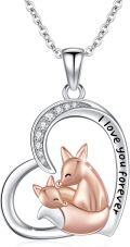 wholesale 925 Sterling Silver Mother and Baby Foxes in Heart Pendant Necklace for Women-0-0