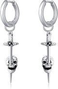 wholesale 925 Sterling Silver Gothic Sword & Skull Dangle Hoop Earrings - Halloween Gift Ideas for Her-0-0