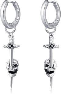 wholesale 925 Sterling Silver Gothic Sword & Skull Dangle Hoop Earrings - Halloween Gift Ideas for Her-Sword