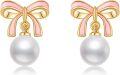 wholesale 14K Gold Pink Bowknot White Pearl Drop Dangle Stud Earrings for Women Girls-0-0