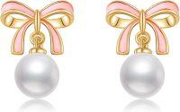 wholesale 14K Gold Pink Bowknot White Pearl Drop Dangle Stud Earrings for Women Girls-bow tie