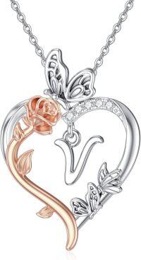 wholesale Sterling Silver Rose Heart Butterfly Initial Necklace for Women Anniversary Mother s Day Birthday Gift for Her Wife Girlfriend Mom-V Initial