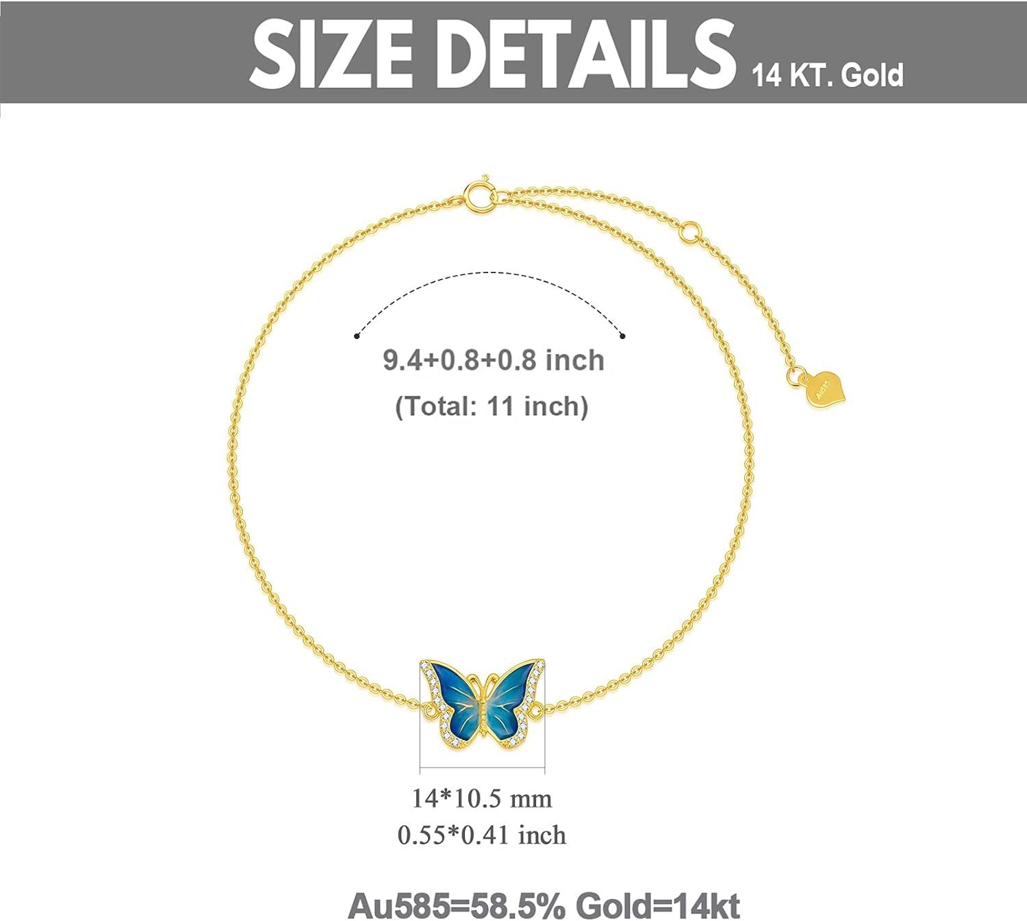 14K Gold Blue Butterfly Anklet for Women Solid 14K Animal Lover Jewelry Gift-0-4