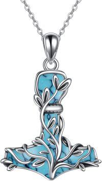 wholesale 925 Sterling Silver Turquoise Tree of Life Thor's Hammer Necklace Norse Viking Jewelry-blue-Turquoise