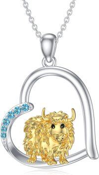 wholesale 925 Sterling Silver Highland Cow Horseshoe Pendant Necklaces with Blue Crystal Accents for Women s-style 1