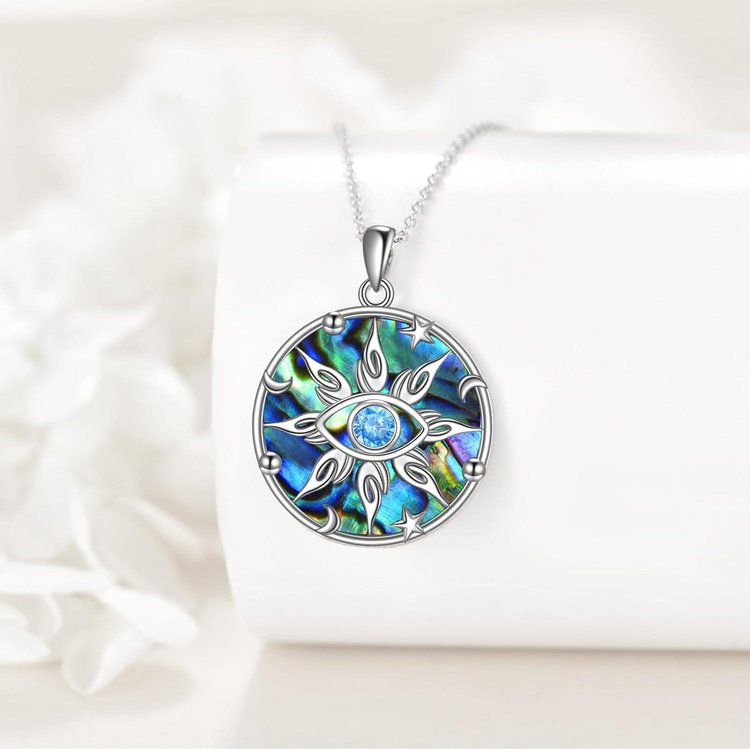  Sterling Silver Abalone Shell Evil Eye Necklace for Women Sun Moon Star Pendant Gift -0-2