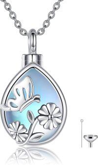 wholesale 925 Sterling Silver Butterfly & Flower Tear Drop Cremation Urn Necklace w/Funnel & Fill Kit - Memorial Jewelry for Ashes or Hair-Butterfly