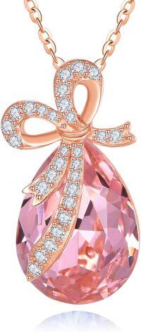 wholesale 925 Sterling Silver Crystal Bow Teardrop Birthstone Pendant Necklace-10-Oct-Tourmaline Pink