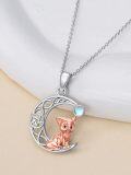 wholesale 925 Sterling Silver Rose Gold Cat on Crescent Moon with Blue Stone and Pentagram Necklace-0-4