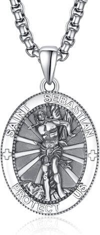 wholesale Sterling Silver Patron Saint Medal Amulet Necklace for Men 2 5mm 22 +2 Chain-A21-Saint Sebastian