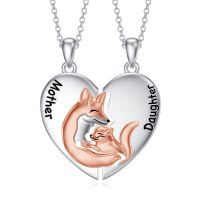 wholesale 925 Sterling Silver Fox Mother & Daughter Heart Pendant Necklaces Set-Matching necklace-Fox