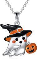 wholesale 925 Sterling Silver Halloween Ghost with Jack-o'-Lantern and Hat Charm Pendant Necklace-0-0