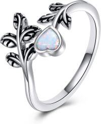 wholesale 925 Sterling Silver White Opal Leaf Heart Adjustable Open Ring Women-Heart