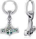 wholesale 925 Sterling Silver Viking Thor's Hammer Mjolnir Tree of Life Huggie Hoop Earrings for Women Men Norse  4cm Diameter-0-0