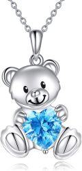 wholesale 925 Sterling Silver Blue Crystal Teddy Bear Heart Pendant Necklace for Women Girls Gifts-0-0