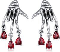 wholesale 925 Sterling Silver Red Crystal Skull Hand Gothic Stud Earrings 6mm x 8mm-Skeleton Hand