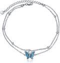 wholesale 925 Sterling Silver Blue Enamel Butterfly Charm Double Layer Chain Ankle Bracelets for Women's Gifts-0-0