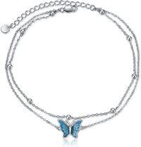 wholesale 925 Sterling Silver Blue Enamel Butterfly Charm Double Layer Chain Ankle Bracelets for Women's Gifts-A-Butterfly Anklet