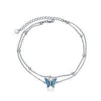 wholesale 925 Sterling Silver Blue Enamel Butterfly Charm Double Layer Chain Ankle Bracelets for Women's Gifts-A-Butterfly Anklet