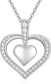 wholesale 925 Sterling Silver Double Layered Cubic Zirconia Open Heart Pendant Necklace for Women-Heart-E