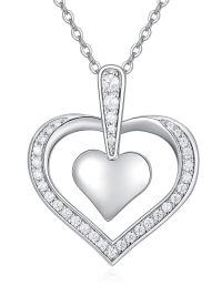 wholesale 925 Sterling Silver Double Layered Cubic Zirconia Open Heart Pendant Necklace for Women-Heart-E