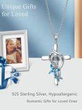 wholesale 925 Sterling Silver Butterfly Projection Cross Necklace w/Blue Crystals & I Love You Multi-Language Inscription - For Women/Girls-0-1
