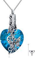wholesale 925 Sterling Silver Heart Shaped Blue Crystal Butterfly & Hummingbird Cremation Jewelry Keepsake Urn Necklace with Funnel and Fill Tool-0-0