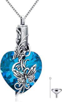 wholesale 925 Sterling Silver Heart Shaped Blue Crystal Butterfly & Hummingbird Cremation Jewelry Keepsake Urn Necklace with Funnel and Fill Tool-Butterfly