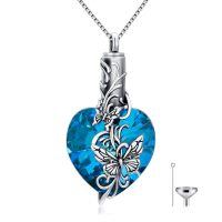 wholesale 925 Sterling Silver Heart Shaped Blue Crystal Butterfly & Hummingbird Cremation Jewelry Keepsake Urn Necklace with Funnel and Fill Tool-Butterfly