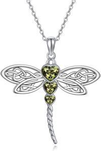 wholesale Sterling Silver Crystal Dragonfly Heart Celtic Necklace for Women Birthstone Gift for Mom Sister Wife-F_Peridot