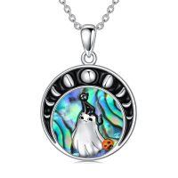 wholesale 925 Sterling Silver Halloween Ghost Necklace with Abalone Shell and Crescent Moons Pendant-Black Cat Ghost