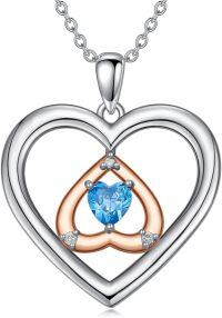 wholesale 925 Sterling Silver Blue Topaz and Cubic Zirconia Double Heart Pendant Necklace-Aqua Blue