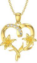 wholesale 14K Gold Heart & Lily Flower Pendant Necklace for Women - 14K Gold  Chain (16 + 2 inch)-0-0
