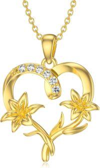 wholesale 14K Gold Heart & Lily Flower Pendant Necklace for Women - 14K Gold  Chain (16 + 2 inch)-May-Lily Flower