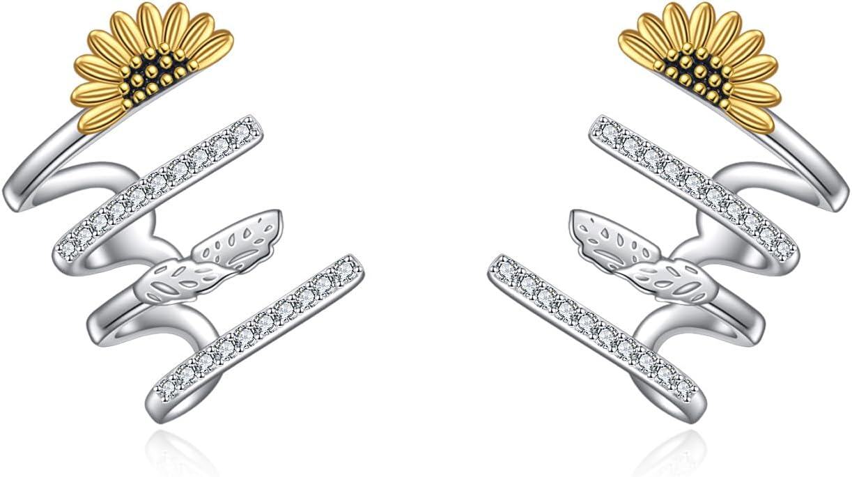 Sterling Silver Cubic Zirconia Claw Earrings Ear Cuff for Women-Sunflower