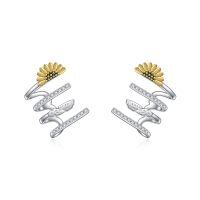 wholesale 925 Sterling Silver Sunflower CZ Bar Studs with Leaf Design for Women-Sunflower