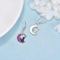 wholesale 925 Sterling Silver Purple Glitter Crescent Moon with Black Cat and Stars Leverback Earrings-0-4