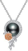 wholesale 925 Sterling Silver Black Freshwater Pearl with 3D Rose Pendant Necklace-0-0