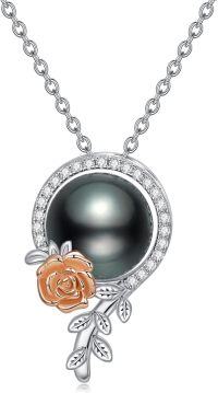 wholesale 925 Sterling Silver Black Freshwater Pearl with 3D Rose Pendant Necklace-Style 4