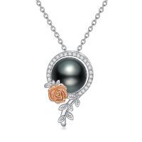 wholesale 925 Sterling Silver Black Freshwater Pearl with 3D Rose Pendant Necklace-Style 4
