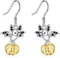wholesale 925 Sterling Silver Bat on Pumpkin Halloween Dangle Earrings for Women Girls Gifts-pumpkin bat