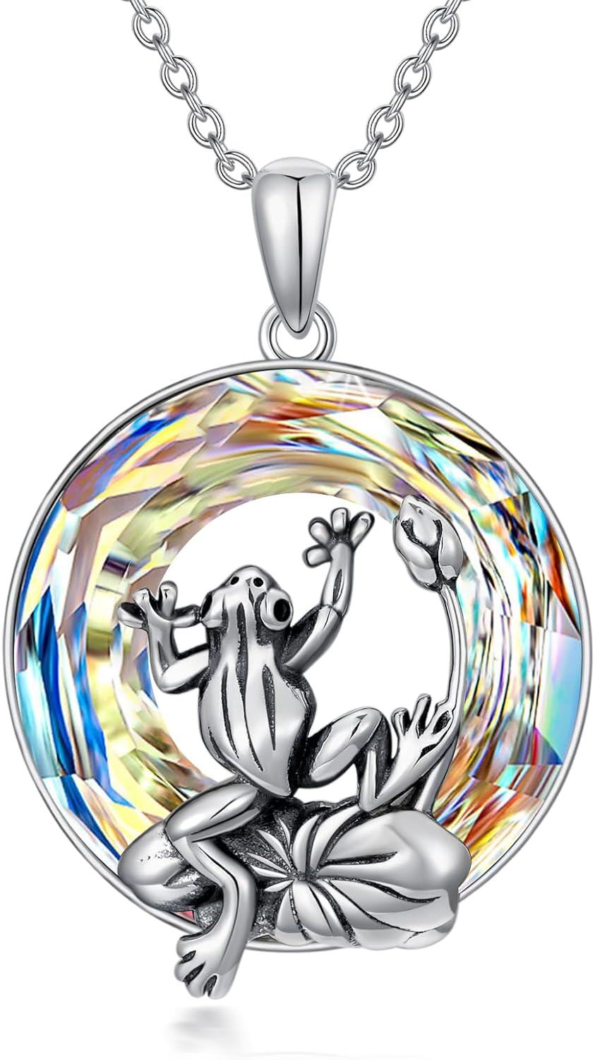 Sterling Silver Crystal Frog Pendant Necklace for Women Girls 18+2 -Silver