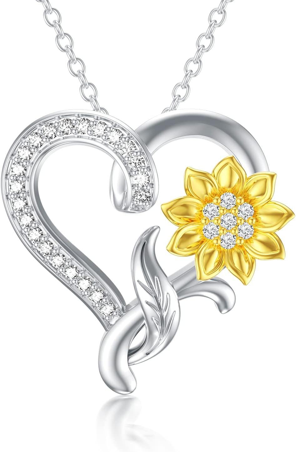 18K Gold Plated Sterling Silver Moissanite Sunflower Heart Necklace for Women-01 Cable Chain Style
