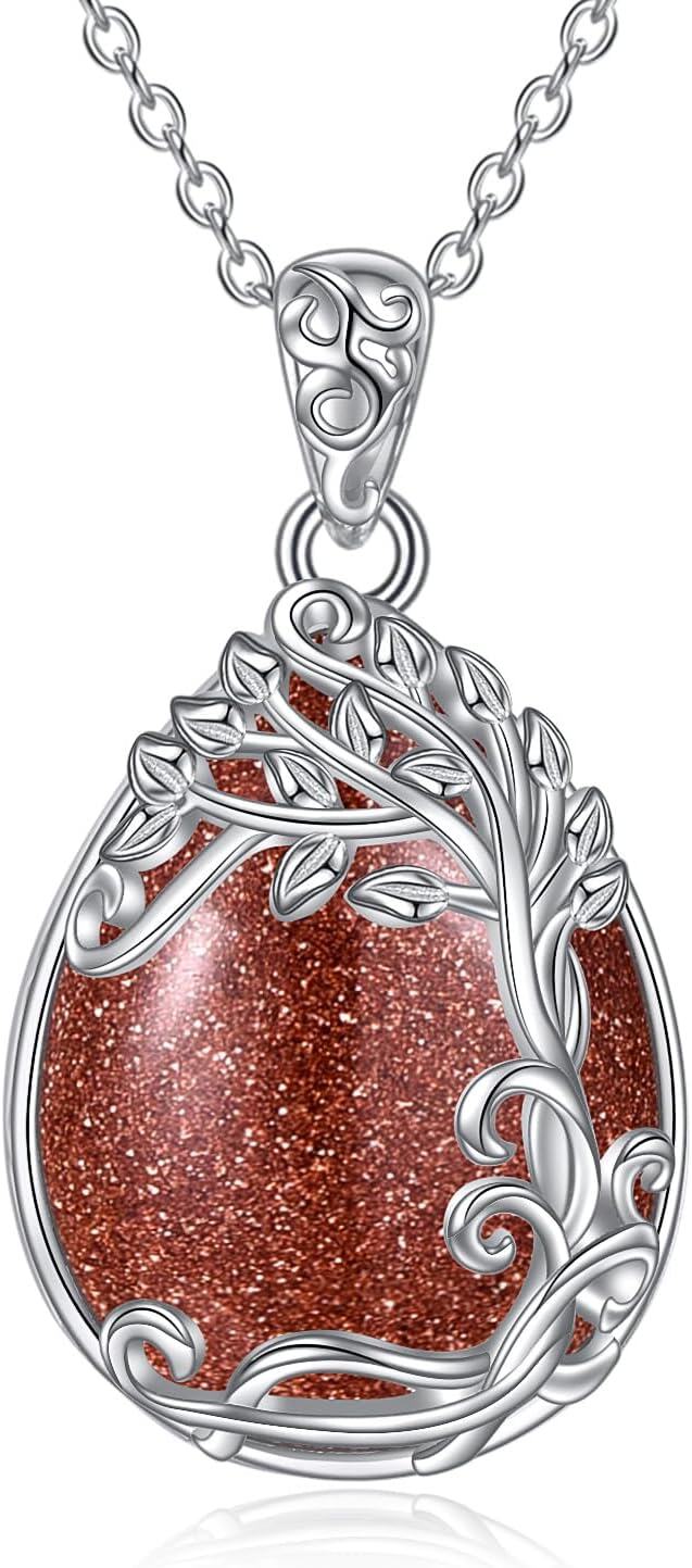 Sterling Silver Moonstone Filigree Teardrop Pendant Necklace for Women-JJ-Tree of Life Gold Sand Stone Necklace