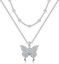 wholesale 925 Sterling Silver Butterfly Pendant Double Layered Chain Necklace for Women 18+2 inches-Sterling Silver